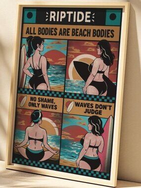 Retro Surf Poster, Beach Wall Art, Body Positive Surf Illustration